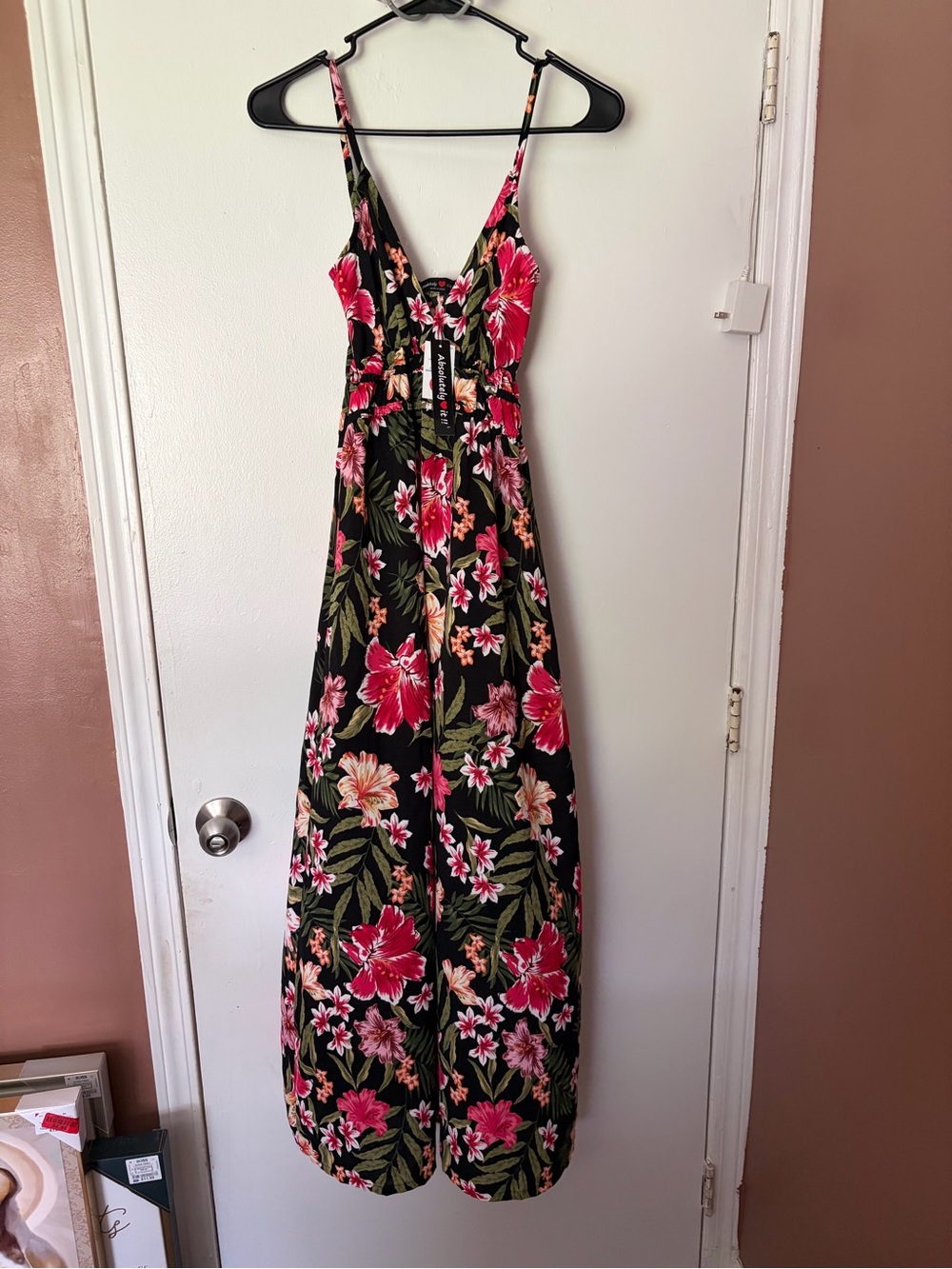 Black Floral V-Neck Maxi Dress with Pink Blooms